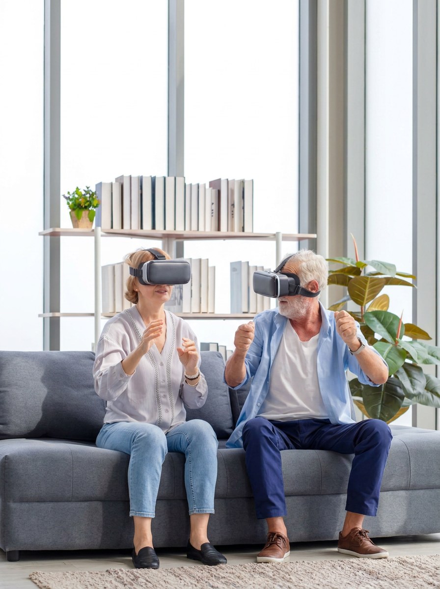 An older couple using virtual reality headsets at home